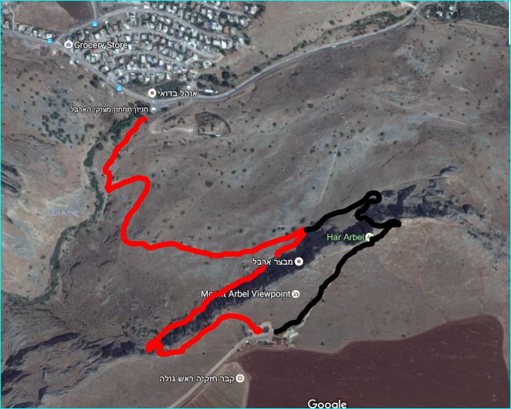מפת סימון שבילים לירידה במצוקי הארבל