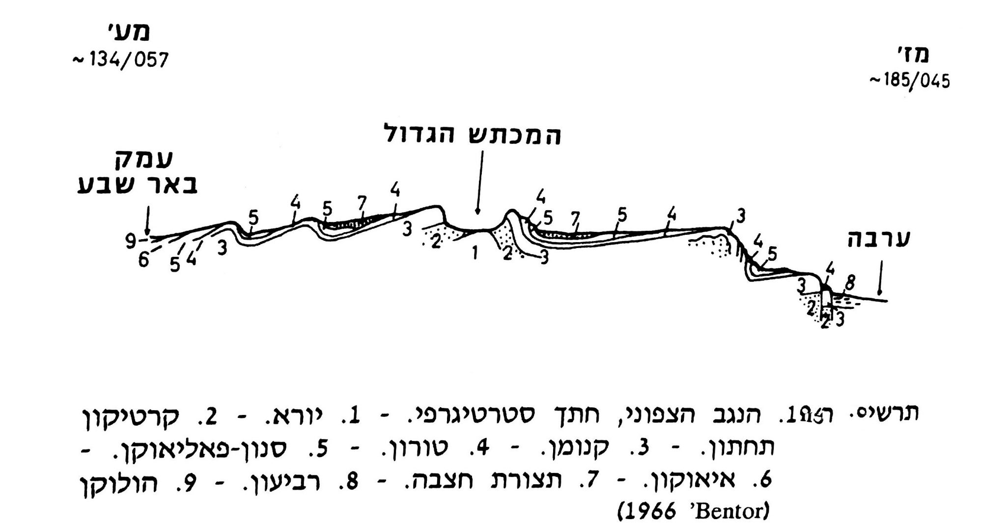 תרשים חתך במכתש גדול (גיאומורפולוגיה של ארץ ישראל, ד' ניר 1989, עמ' 181)