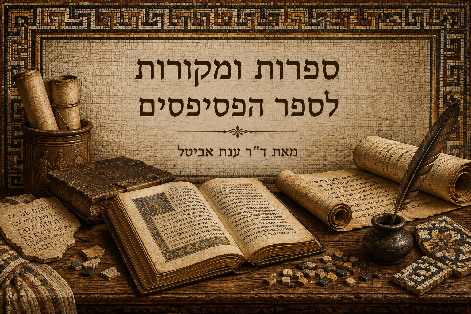 ספרות ומקורות לספר הפסיפסים – שער עמוד המקורות עם מגילות, קודקס, קולמוס, אבני טסרה ורקע בסגנון פסיפס רומי־ביזנטי.